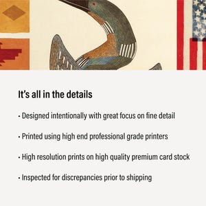 May include: A print featuring a detailed illustration of a bird with a colorful neck and wing. The image includes a section of the American flag and Native American-inspired geometric designs. Text reads "It's all in the details."
