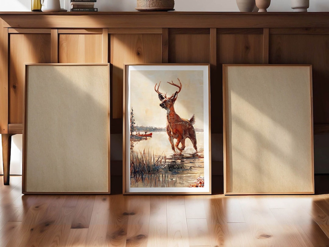 Lake Deer Painting Vintage Hunting Print Retro Deer Hunting Wall Decor ...