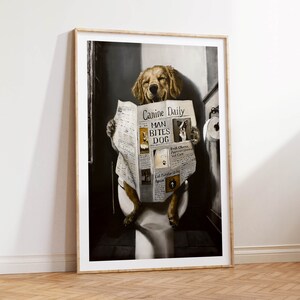 May include: A golden retriever dog sits on a toilet, reading a newspaper titled "Canine Daily" with the headline "Man Bites Dog".