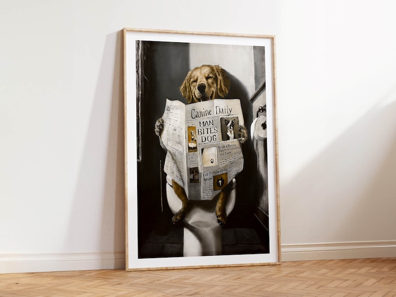 May include: A golden retriever dog sits on a toilet, reading a newspaper titled "Canine Daily" with the headline "Man Bites Dog".