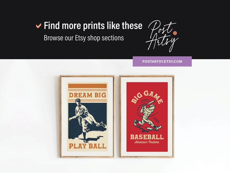 May include: Two framed vintage baseball art prints. One features a baseball player with the text "DREAM BIG PLAY BALL". The other print has a baseball player swinging a bat with the text "BIG GAME BASEBALL America's Pastime".