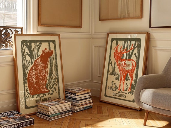 Retro Outdoors Art Prints Bear + Deer Posters Set of 2 Outdoorsy Wall Prints Home Office Decor Nature Wall Art Hunting Gift for Dad