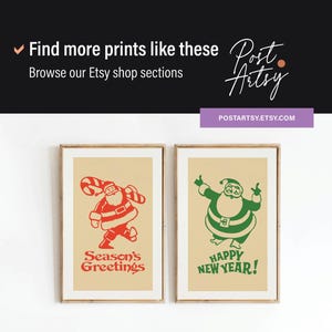 Op de afbeelding: Twee printbare kerstkaarten met vintage illustraties van de kerstman. De kaart links toont een rode kerstman met een snoepstok en de tekst "Season's Greetings". De kaart rechts toont een groene kerstman met de tekst "Happy New Year!"