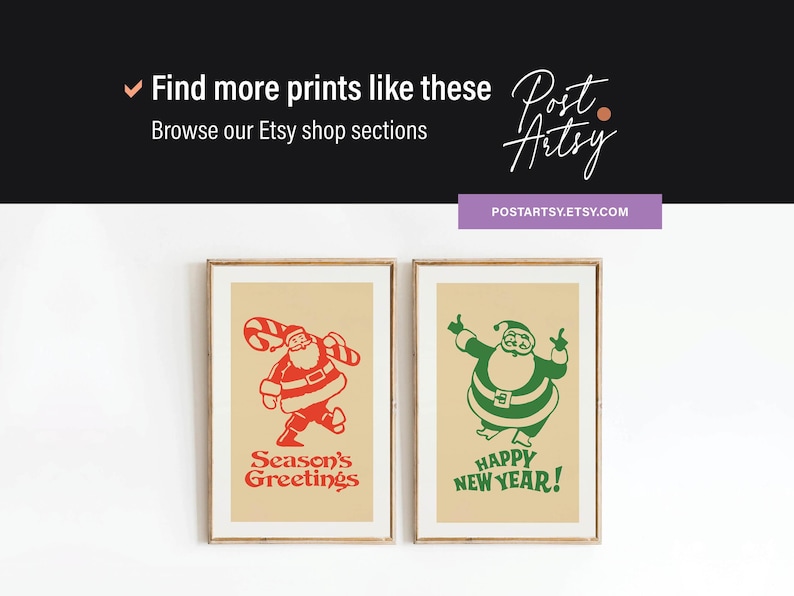 Op de afbeelding: Twee printbare kerstkaarten met vintage illustraties van de kerstman. De kaart links toont een rode kerstman met een snoepstok en de tekst "Season's Greetings". De kaart rechts toont een groene kerstman met de tekst "Happy New Year!"