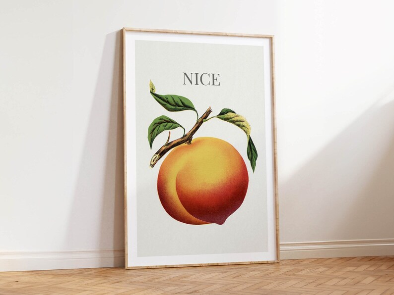 May include: A framed art print featuring a vintage illustration of a ripe peach with green leaves and a branch. The word "NICE" is printed above the peach. The artwork is set against a light background.