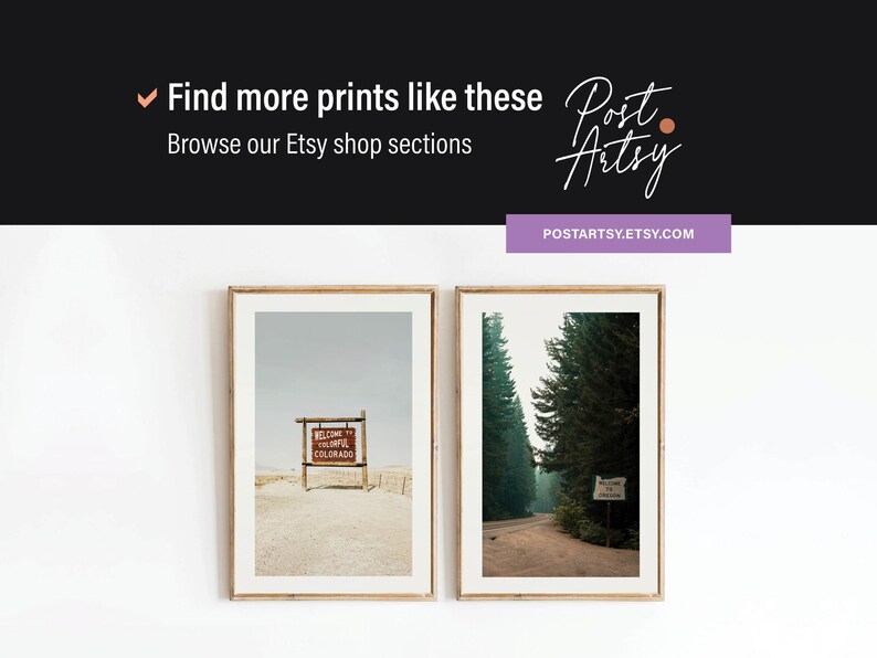 May include: Two framed prints of landscape photography. The left print shows a sign that reads "Welcome to Colorful Colorado". The right print shows a dirt road through a forest.