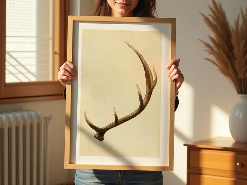 May include: A framed print of a vintage illustration of a single antler on a beige background.