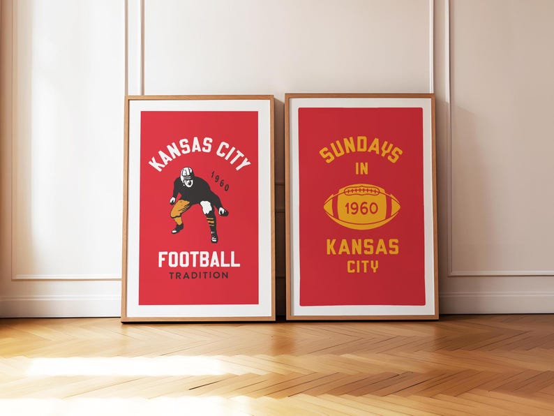May include: Two framed prints with red backgrounds and yellow text. The left print features a football player in a black and white uniform with the text "Kansas City Football Tradition 1960". The right print features a yellow football with the text "Sundays in 1960 Kansas City".
