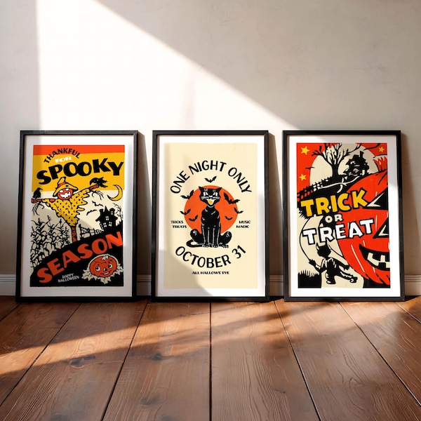 Retro Halloween Art Prints Holiday Poster Set of 3 Seasonal Wall Prints Kitchen Halloween Decor Festive Gift for Home