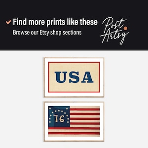 May include: Two framed prints with patriotic designs. The top print shows the word "USA" in navy blue on a cream background, framed in red. The bottom print features a vintage American flag design with red and white stripes and a blue field with stars and the number "76".