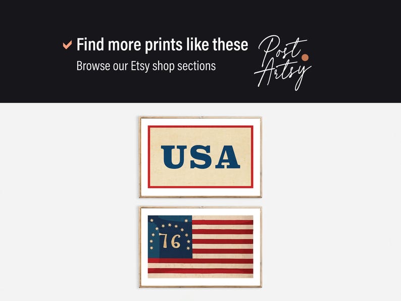 May include: Two framed prints with patriotic designs. The top print shows the word "USA" in navy blue on a cream background, framed in red. The bottom print features a vintage American flag design with red and white stripes and a blue field with stars and the number "76".