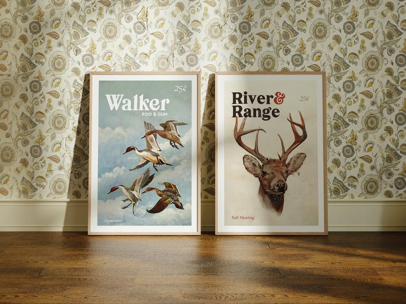 May include: Two vintage magazine covers with a rustic background. The left cover features a blue background with the text "Walker Rod & Gun" and an illustration of four ducks in flight. The right cover features a tan background with the text "River & Range" and an illustration of a deer head with antlers.