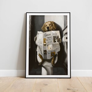 May include: A golden retriever dog sitting on a toilet, reading a newspaper titled "Canine Daily" with the headline "Man Bites Dog".