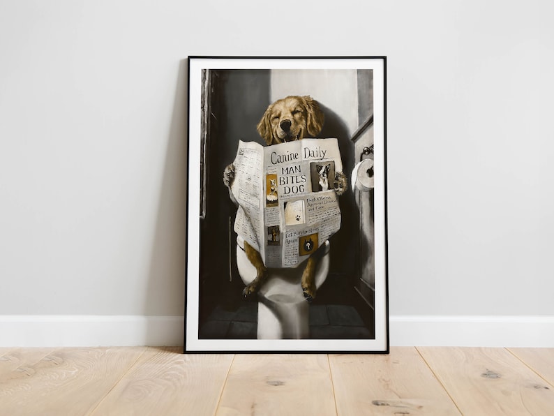 May include: A golden retriever dog sitting on a toilet, reading a newspaper titled "Canine Daily" with the headline "Man Bites Dog".