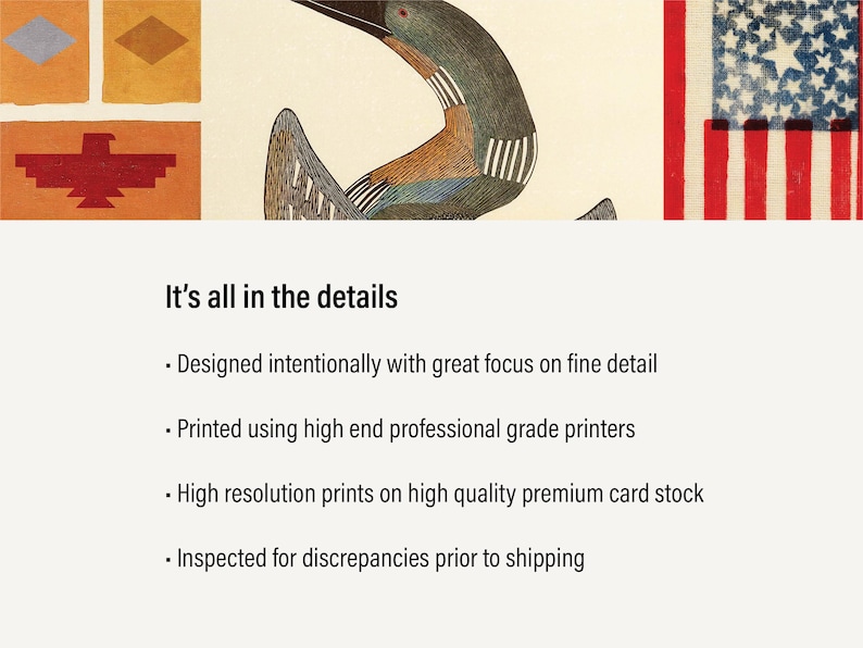 May include: A print featuring a detailed illustration of a bird with a long neck and a colorful wing. The image includes a section of an American flag and geometric shapes. Text reads "It's all in the details".