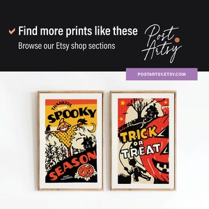 May include: Two framed Halloween art prints. One features a scarecrow and the text "Thankful for Spooky Season". The other says "Trick or Treat" with a pumpkin and a child. The shop name is Post Arsty.