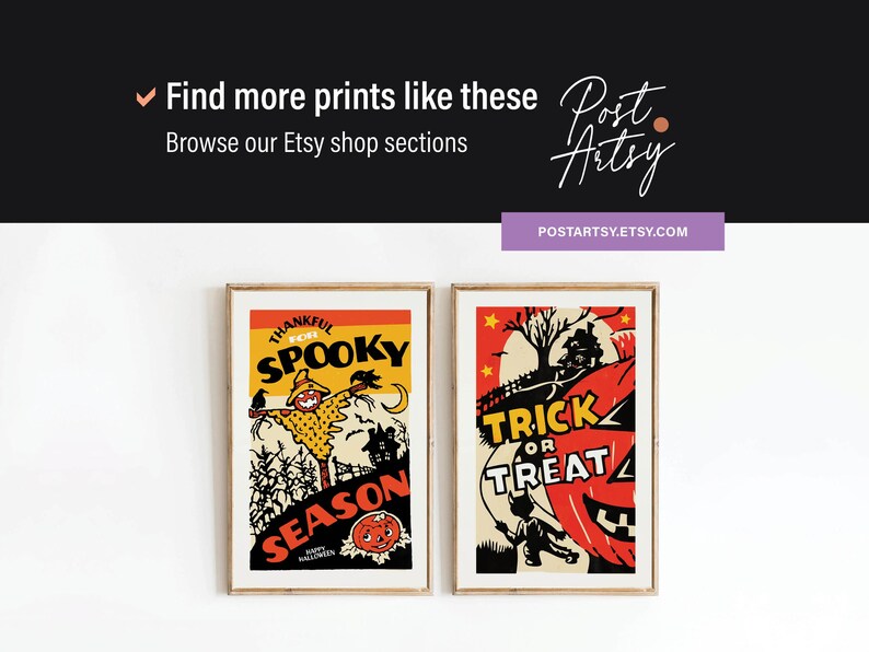 May include: Two framed Halloween art prints. One features a scarecrow and the text "Thankful for Spooky Season". The other says "Trick or Treat" with a pumpkin and a child. The shop name is Post Arsty.