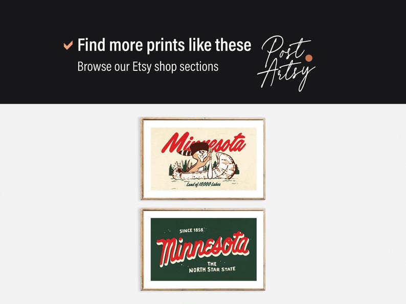 May include: Two framed prints featuring vintage-style designs. The top print displays "Minnesota" in red script with an illustration of a person in a boat. The bottom print reads "Minnesota" with "The North Star State" on a green background.