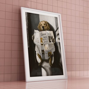 May include: A golden retriever dog sitting on a toilet and reading a newspaper with the headline "Man Bites Dog" from the "Canine Daily".