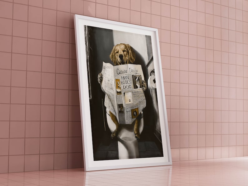 May include: A golden retriever dog sitting on a toilet and reading a newspaper with the headline "Man Bites Dog" from the "Canine Daily".