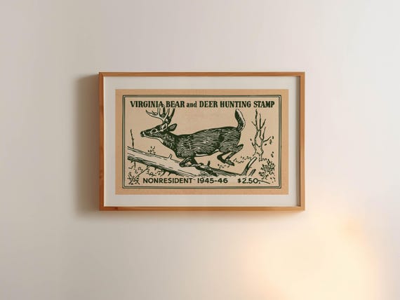 Retro Hunting Stamp Print Bear + Deer Poster Outdoors Wall Art Cabin Decor