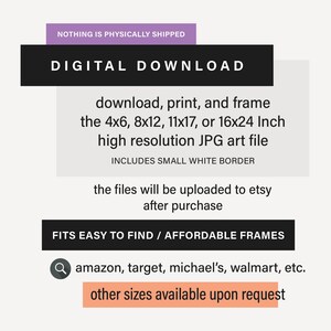 May include: Digital download art file with the text "DIGITAL DOWNLOAD". The file is available in 4x6, 8x12, 11x17, or 16x24 inch sizes. Includes a small white border. The files will be uploaded to Etsy after purchase.
