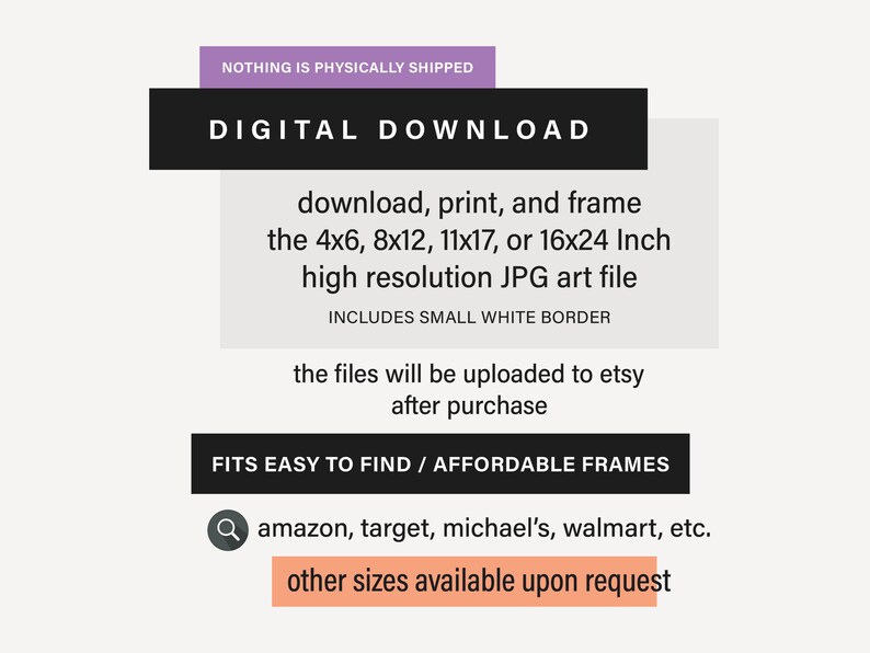 May include: Digital download art file with the text "DIGITAL DOWNLOAD". The file is available in 4x6, 8x12, 11x17, or 16x24 inch sizes. Includes a small white border. The files will be uploaded to Etsy after purchase.