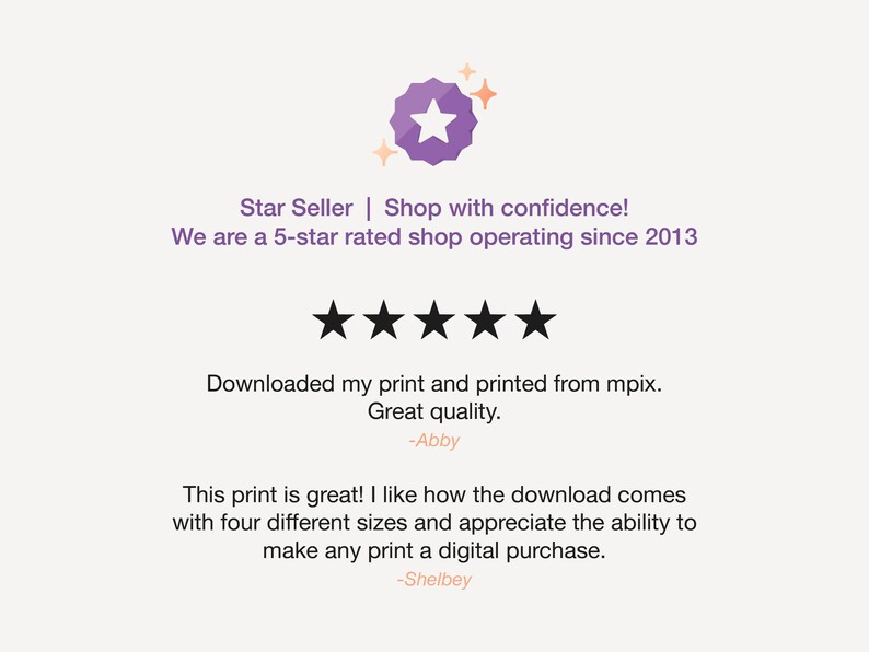 May include: A light beige background with text and graphics. The text includes "Star Seller | Shop with confidence!" and customer reviews. A purple badge with a star and sparkles is at the top.