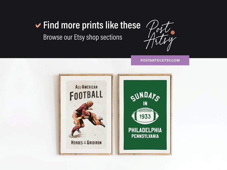 May include: Two framed vintage football prints. The left print features a football player illustration with the text "All-American Football" and "Heroes of Gridiron." The right print has a green background with a football graphic and the text "Sundays in 1933 Philadelphia Pennsylvania."