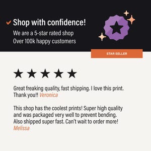 May include: A graphic display featuring the text Shop with confidence! We are a 5-star rated shop Over 100k happy customers, a purple star badge, and an orange Star Seller label. Below are two 5-star reviews from customers named Veronica and Melissa.