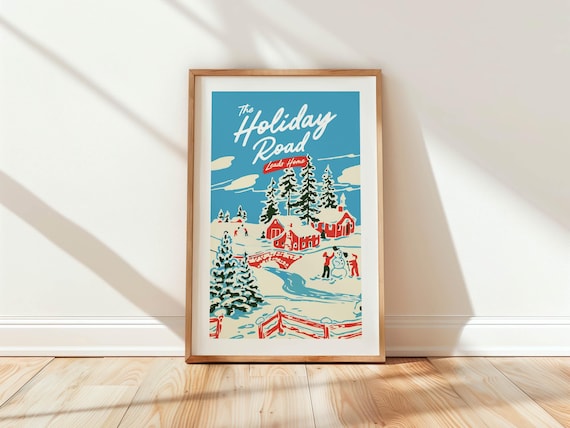 Retro Christmas Art Print: Holiday Road Scene (Digital Download)