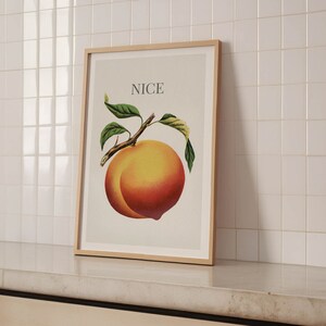 May include: A framed print featuring a vintage illustration of a ripe peach with green leaves and the word "NICE" above it. The peach is a vibrant mix of yellow and red hues, set against a neutral background.