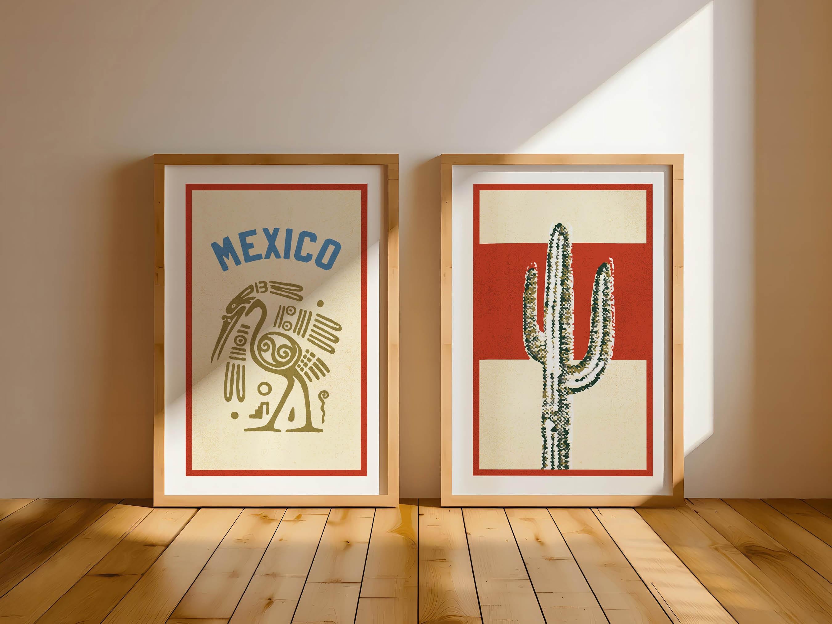 Retro Mexico Travel Prints Set of 2 Mexico Art Bird + Cactus Posters Colorful Mexican Artwork Gift for Traveler Outdoorsy Wall Art