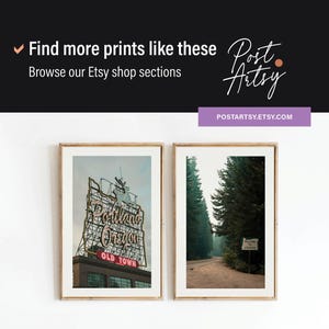 May include: Two framed prints, one with a vintage photo of the "Portland Oregon" sign in Old Town, and the other with a photo of a road through a forest.