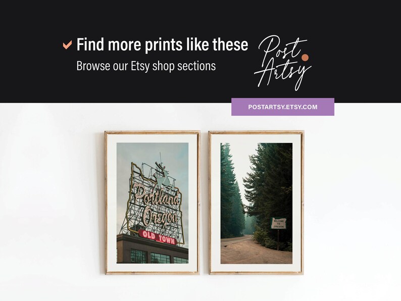 May include: Two framed prints, one with a vintage photo of the "Portland Oregon" sign in Old Town, and the other with a photo of a road through a forest.