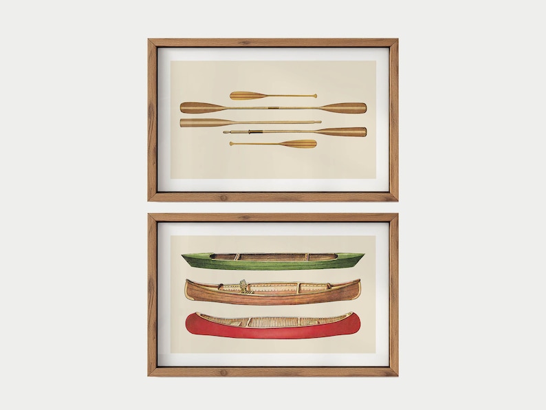 May include: Two framed prints featuring vintage illustrations. The top print showcases various wooden oars, while the bottom print displays three canoes in green, brown, and red. The prints are set against a neutral background.