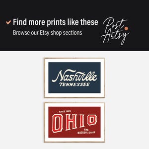 May include: Two vintage-style prints featuring the text "Nashville Tennessee" in white on a dark blue background and "Ohio The Buckeye State" in white on a red background.