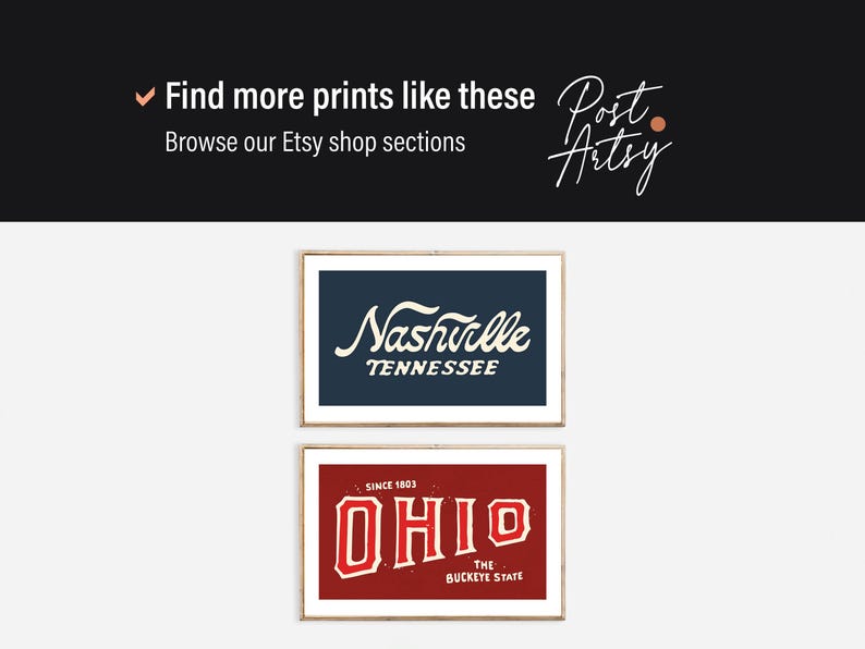 May include: Two vintage-style prints featuring the text "Nashville Tennessee" in white on a dark blue background and "Ohio The Buckeye State" in white on a red background.