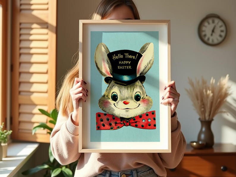 Retro påskkonsttryck Set med 2 retro skrift + kaninposters Påskväggkonst Festlig köksdekoration Julklapp till hemmet Bunny Print