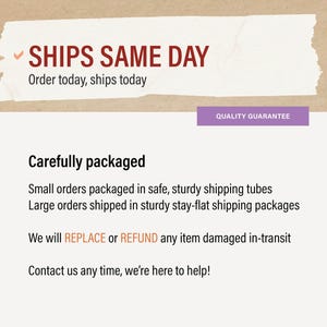 May include: Text on a white background with a red checkmark reads "SHIPS SAME DAY" and "Order today, ships today". Below the text is a description of how orders are packaged and shipped, including information about a replacement or refund guarantee for damaged items.