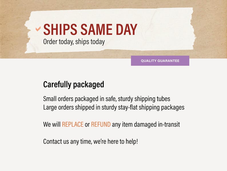 May include: Text on a white background with a red checkmark reads "SHIPS SAME DAY" and "Order today, ships today". Below the text is a description of how orders are packaged and shipped, including information about a replacement or refund guarantee for damaged items.