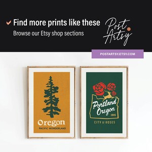 May include: Two framed art prints. One features a dark green pine tree silhouette on a mustard yellow background with the text "Oregon". The other print displays "Portland Oregon" with red roses on a dark green background.
