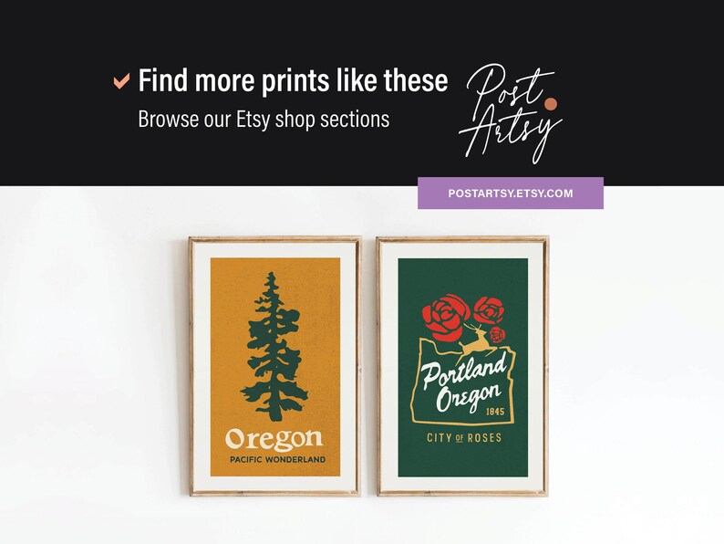 May include: Two framed art prints. One features a dark green pine tree silhouette on a mustard yellow background with the text "Oregon". The other print displays "Portland Oregon" with red roses on a dark green background.