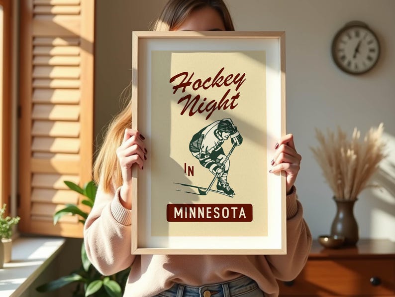 Puede incluir: P&oacute;ster enmarcado con una ilustraci&oacute;n de hockey de estilo vintage. El p&oacute;ster presenta el texto "Hockey Night" en escritura burdeos sobre un gr&aacute;fico de jugador de hockey verde y blanco. Debajo, el texto "IN MINNESOTA" se muestra en un rect&aacute;ngulo burdeos.