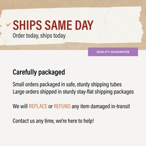 May include: The image features text on a light background. The text reads "SHIPS SAME DAY" and "Order today, ships today". Additional text states "Carefully packaged" and details packaging methods. A purple banner reads "QUALITY GUARANTEE".