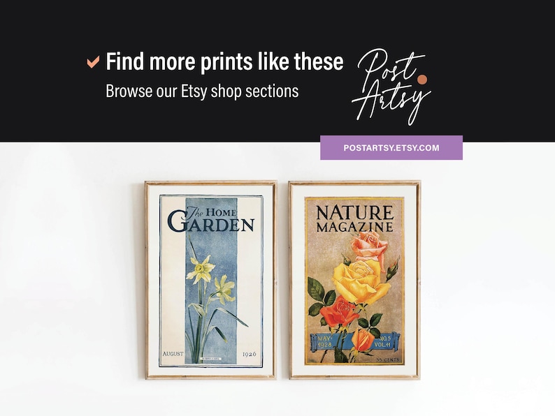 May include: Two vintage magazine covers featuring floral illustrations. The left cover is for "The Home Garden" magazine, featuring a yellow daffodil flower. The right cover is for "Nature Magazine", featuring a bouquet of yellow and red roses.