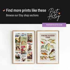 May include: Two vintage-style prints, one featuring a collage of illustrations of outdoor activities, including hunting, fishing, and camping, and the other featuring a colorful illustration of various freshwater fish.