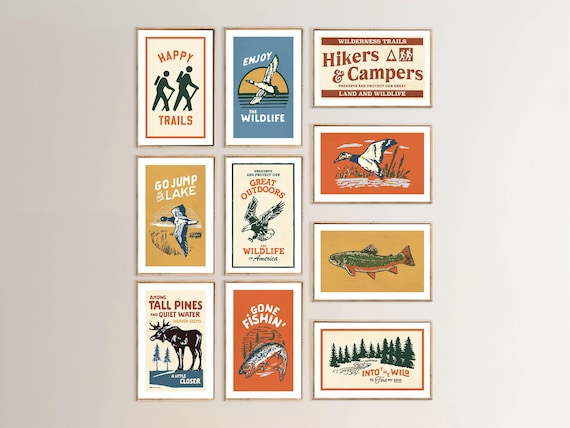 Fun Camping Prints Retro Outdoors Art Gift for Kids Room Nature Art Set of 10 Wildlife Posters Cabin Wall Decor Outdoorsy Wall Art