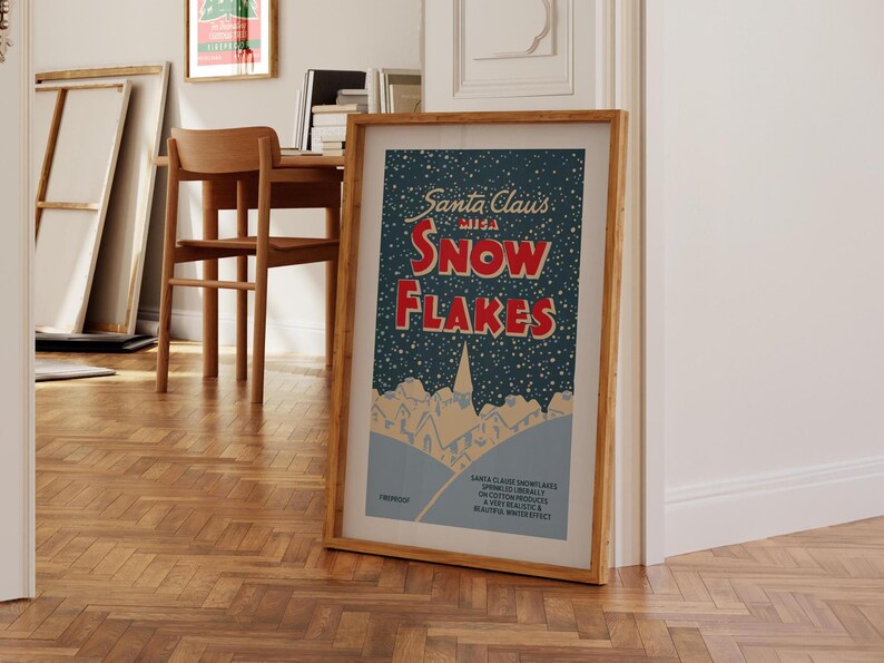May include: A vintage-style poster with a blue background and white snowflakes. The poster features the text "Santa Claus with Snow Flakes" in red and white lettering.