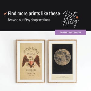 May include: Two framed prints. One features the text "UNITED STATES OF AMERICA" with an eagle illustration. The other depicts the moon against a dark background. The text "Find more prints like these" is visible.